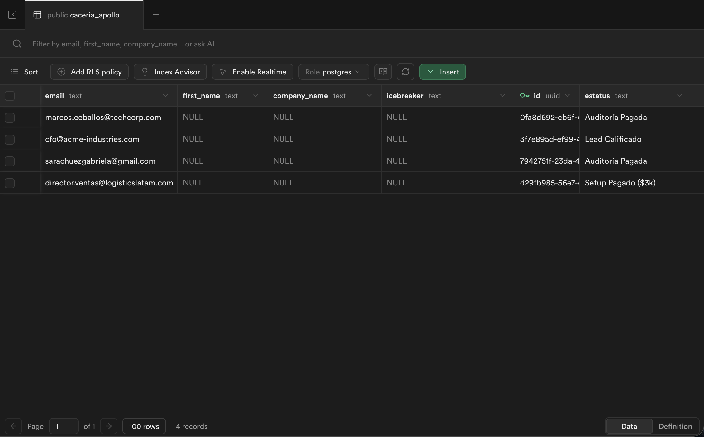 Captura de Supabase con evidencia verificable